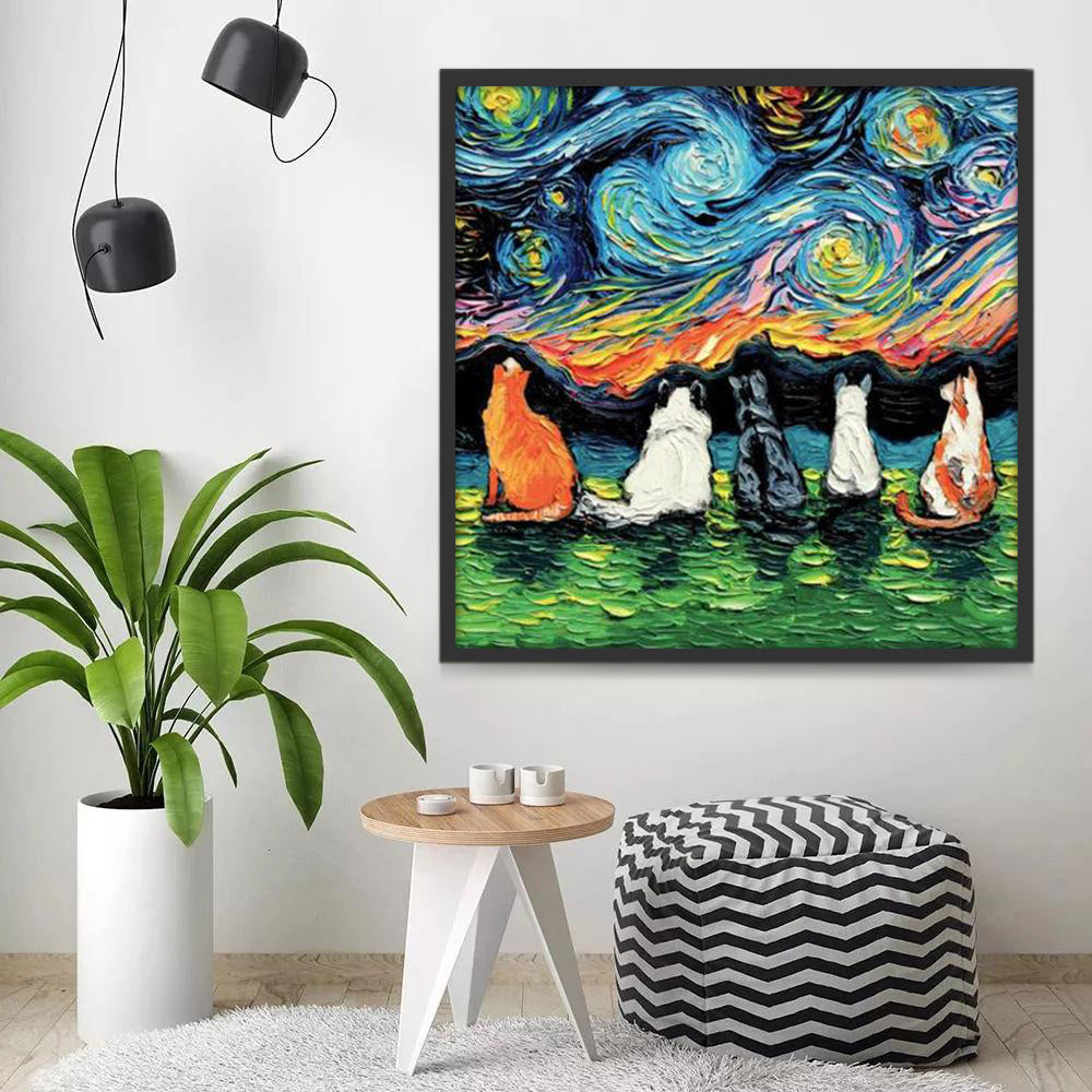 Cinco Gatos y La Noche Estrellada de Van Gogh Pintar por Números