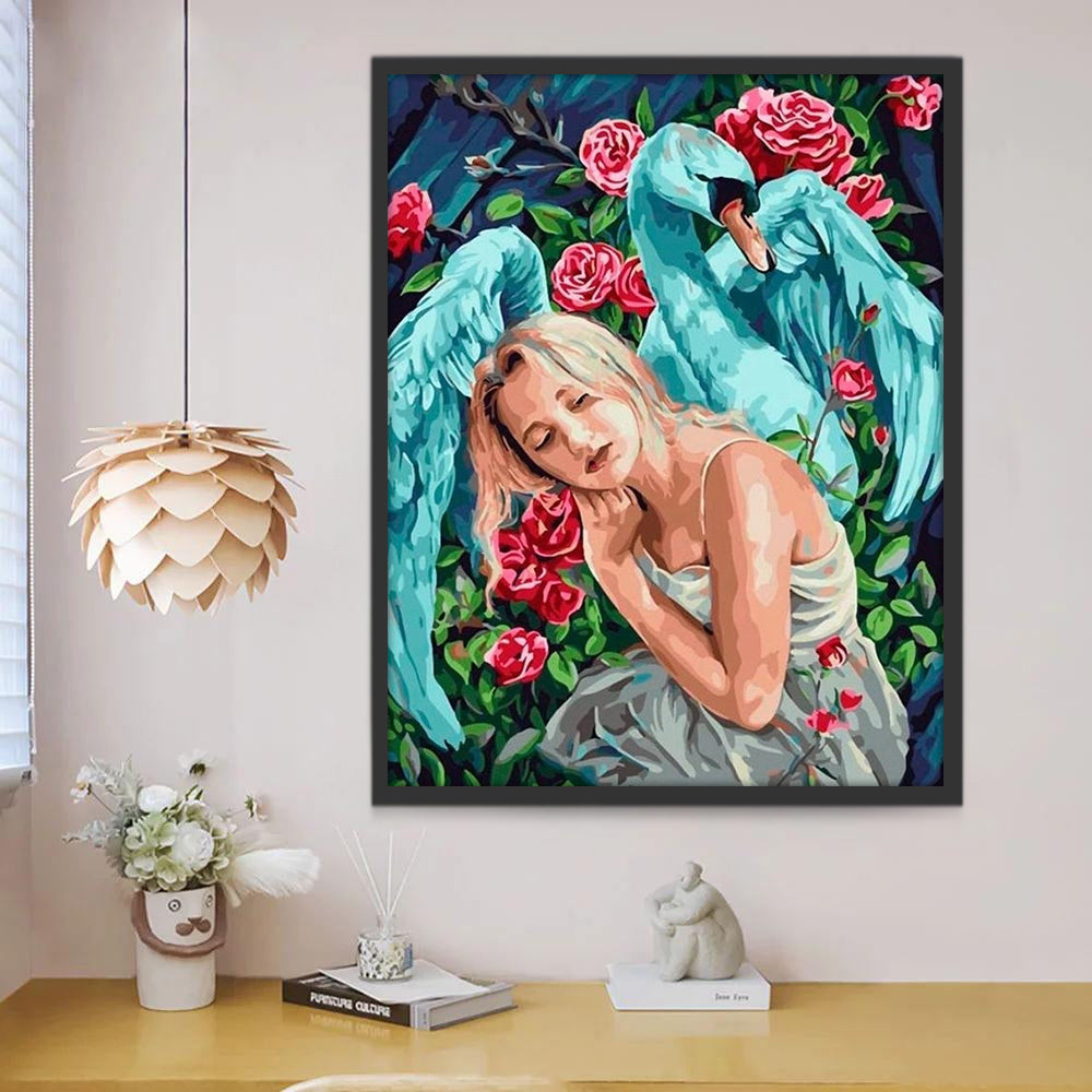 Cisne Azul y Chica y Rosas Rojas Pintar por Números