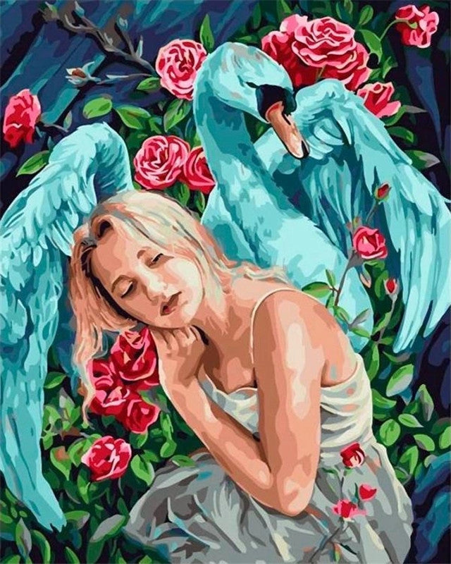 Cisne Azul y Chica y Rosas Rojas Pintar por Números