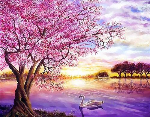Cisne en el Lago y Árboles Rosados Pintar por Números