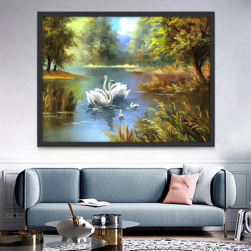 Cisnes Blancos en el Lago de Bosque Pintar por Números