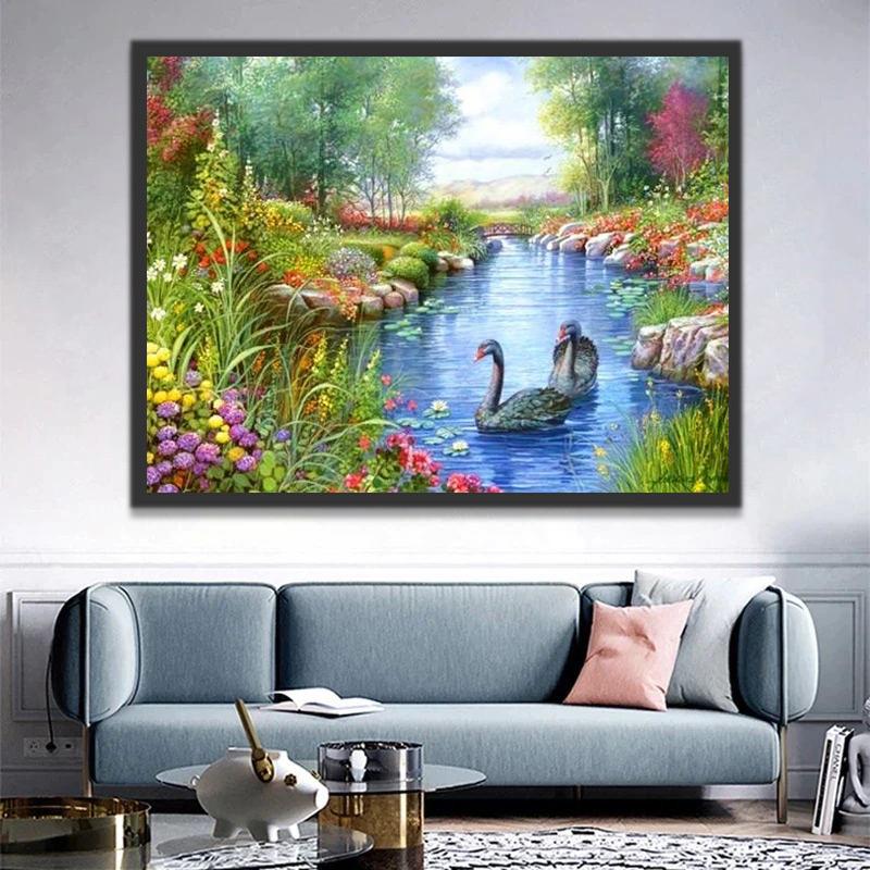 Cisnes en Arroyo y Flores en Orillas Pintar por Números