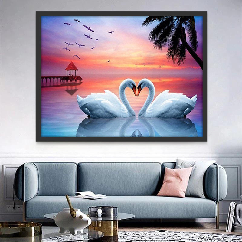 Cisnes Enamorados y Puesta del Sol Pintar por Números