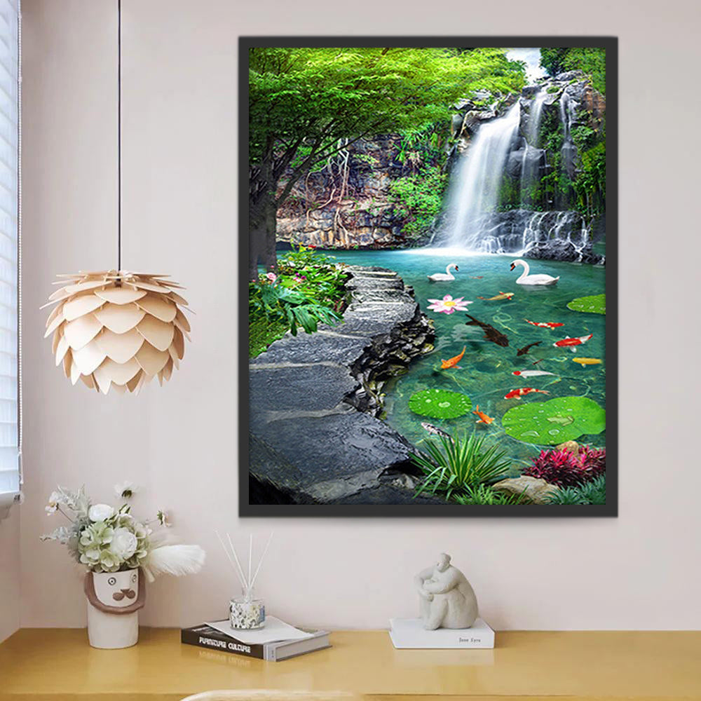 Cisnes y Koi y Cascada en el Bosque Pintar por Números