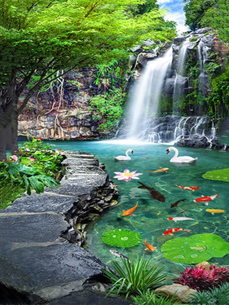 Cisnes y Koi y Cascada en el Bosque Pintar por Números