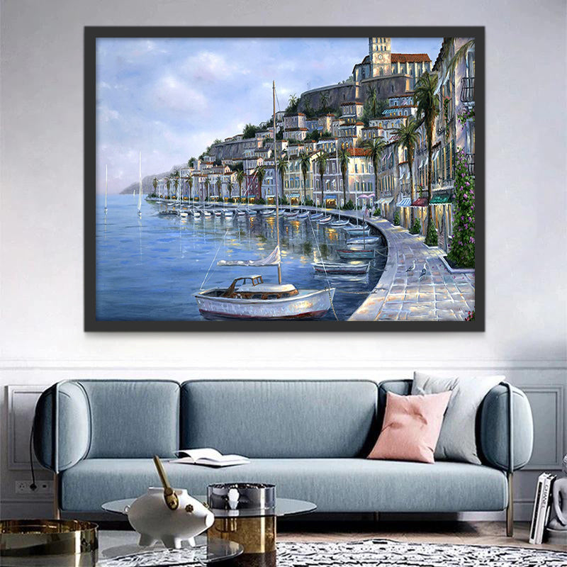 Ciudad Costera y Barco Blanco Pintar por Números