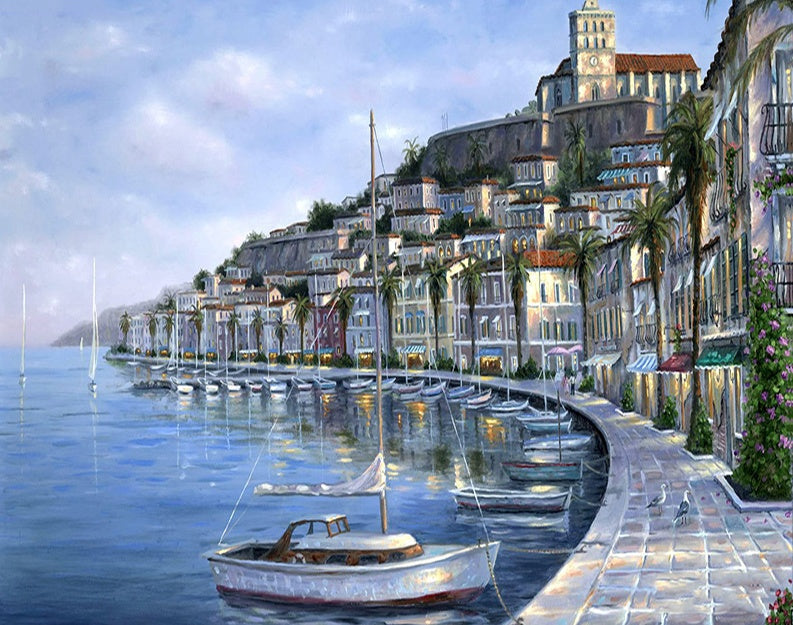 Ciudad Costera y Barco Blanco Pintar por Números