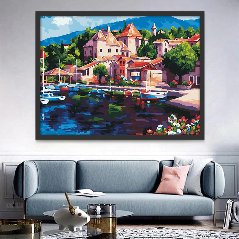 Ciudad Costera y Barcos en Mar Azul Pintar por Números
