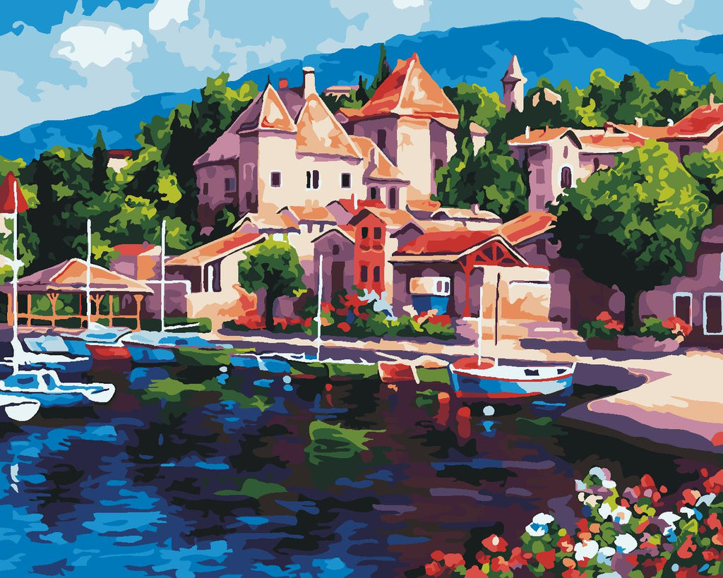 Ciudad Costera y Barcos en Mar Azul Pintar por Números