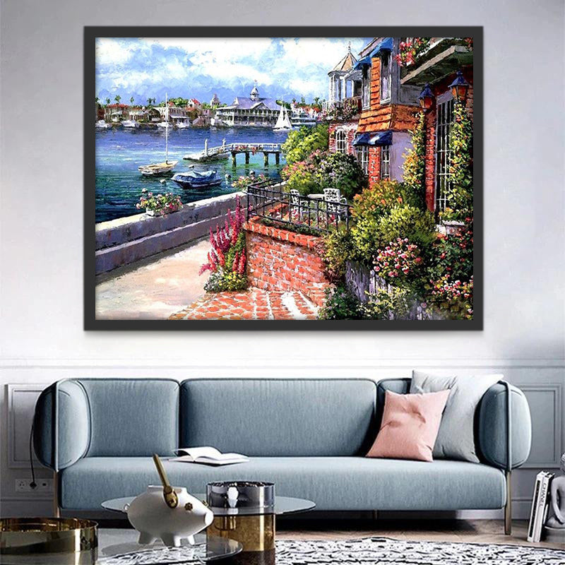 Ciudad Costera y Casa con Flores Pintar por Números