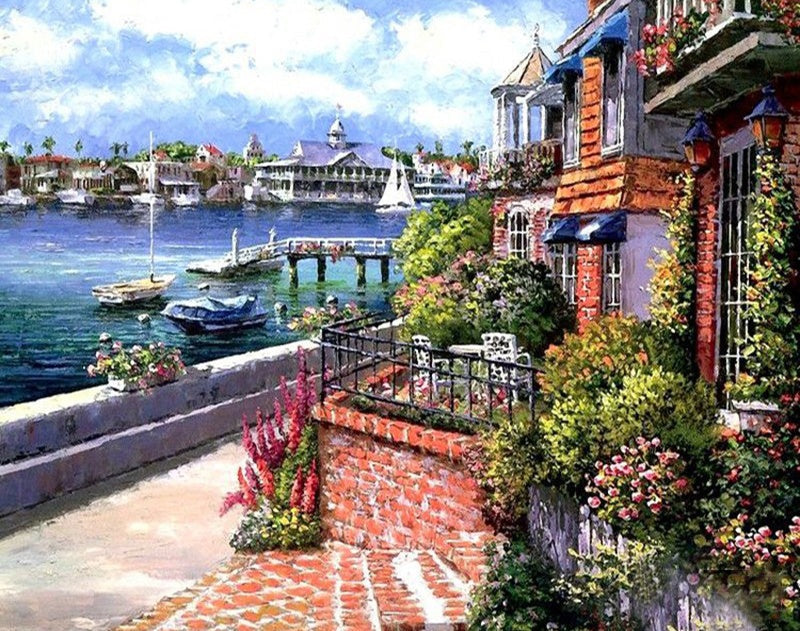 Ciudad Costera y Casa con Flores Pintar por Números