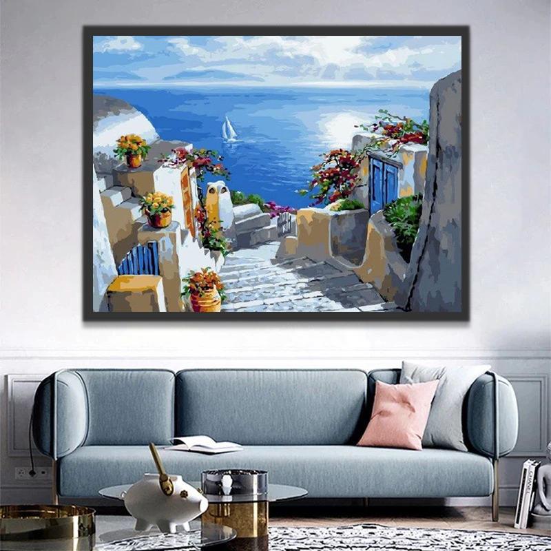 Ciudad Costera y Mar Azul al Sol Pintar por Números