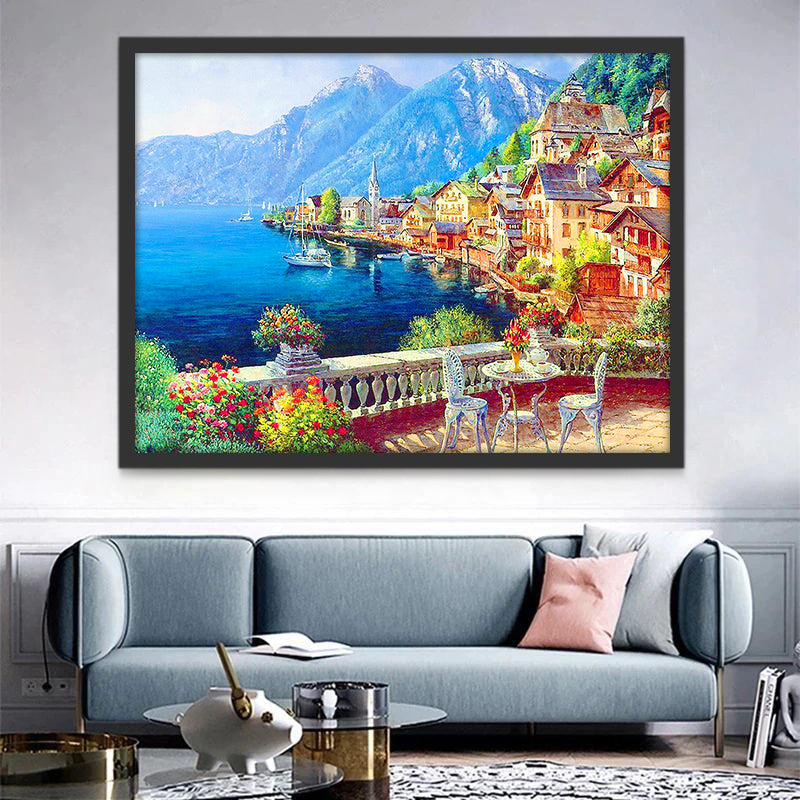 Ciudad Costera y Montaña y Mar Azul Pintar por Números