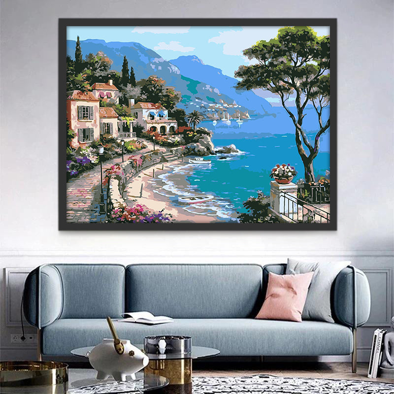 Ciudad Pequeña en la Costa y Montañas Pintar por Números