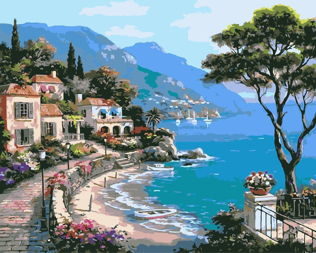 Ciudad Pequeña en la Costa y Montañas Pintar por Números