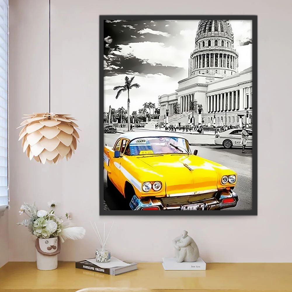 Coche Amarillo y Capitolio de La Habana Pintar por Números