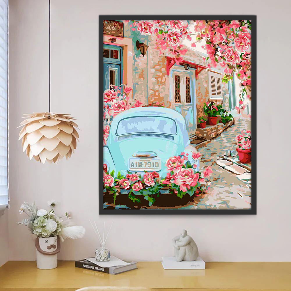 Coche Azul y Flores Rosadas en el Callejón Pintar por Números