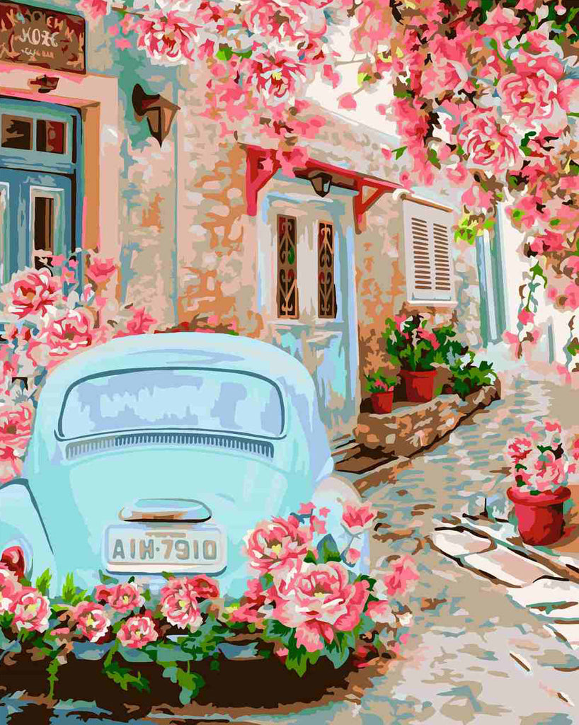 Coche Azul y Flores Rosadas en el Callejón Pintar por Números