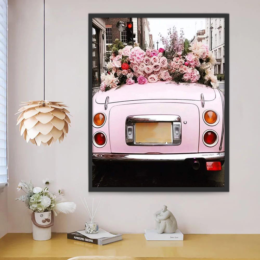 Coche Rosado con Flores Hermosas Parado en la Calle Pintar por Números
