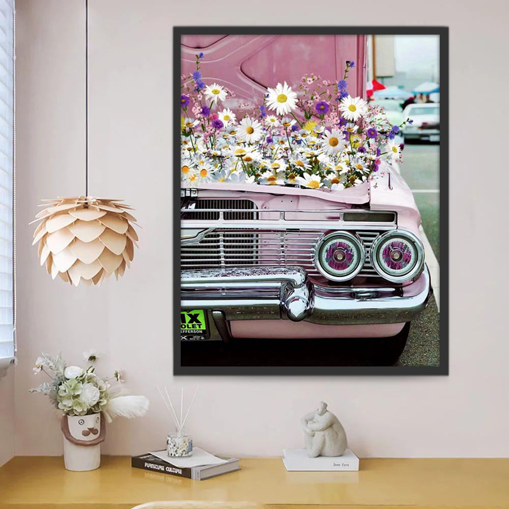 Coche Rosado Decorado con Camomilas Pintar por Números