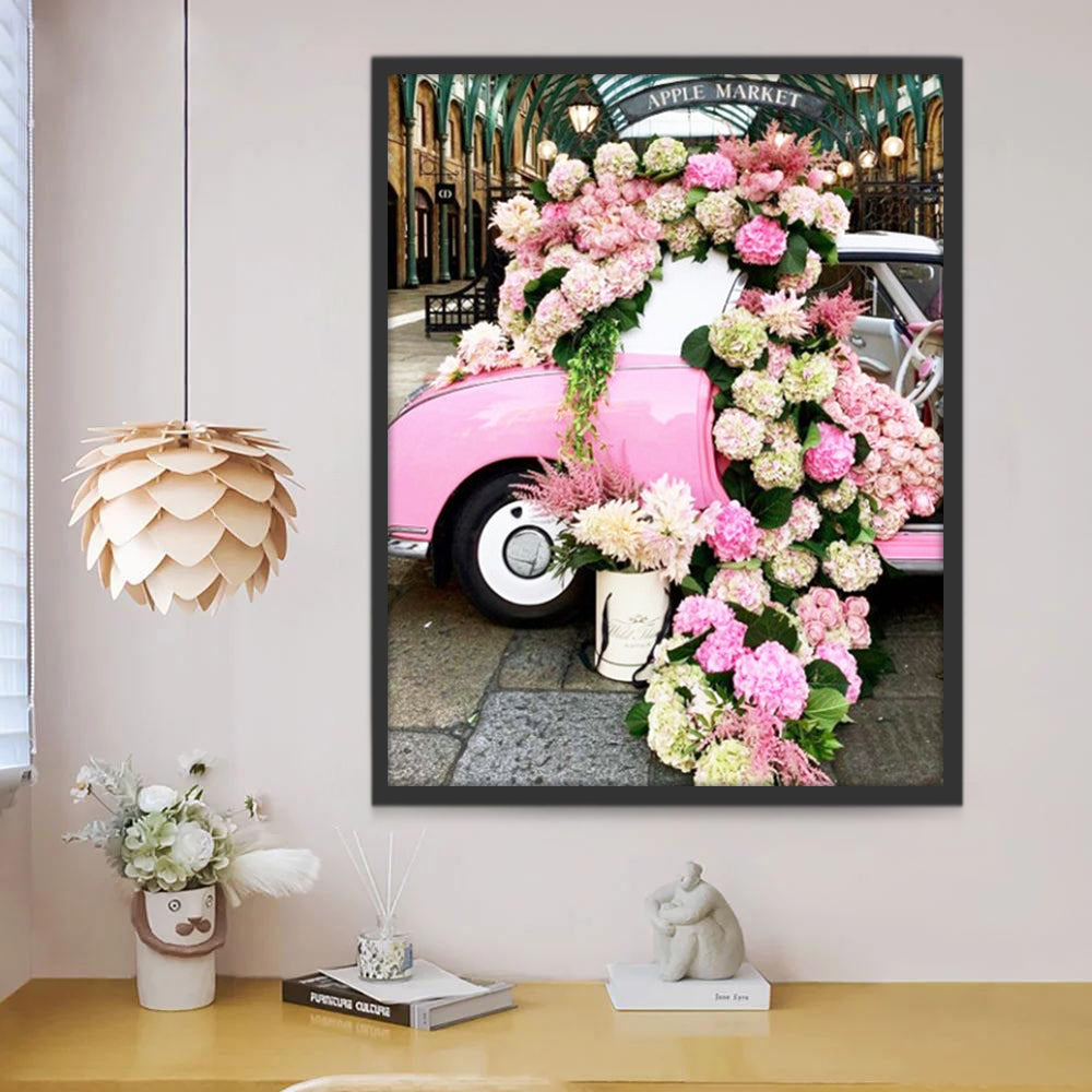 Coche Rosado Decorado con Flores Hermosas Pintar por Números