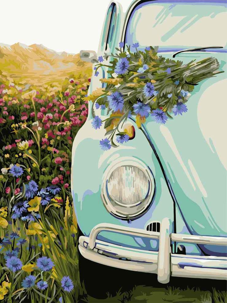 Coche Verde en las Flores Pintar por Números