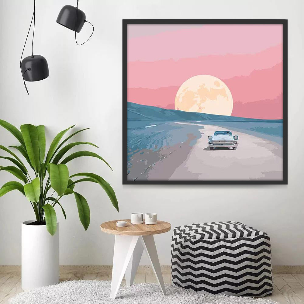Coche y La Luna y Cielo Rosado Pintar por Números Niños