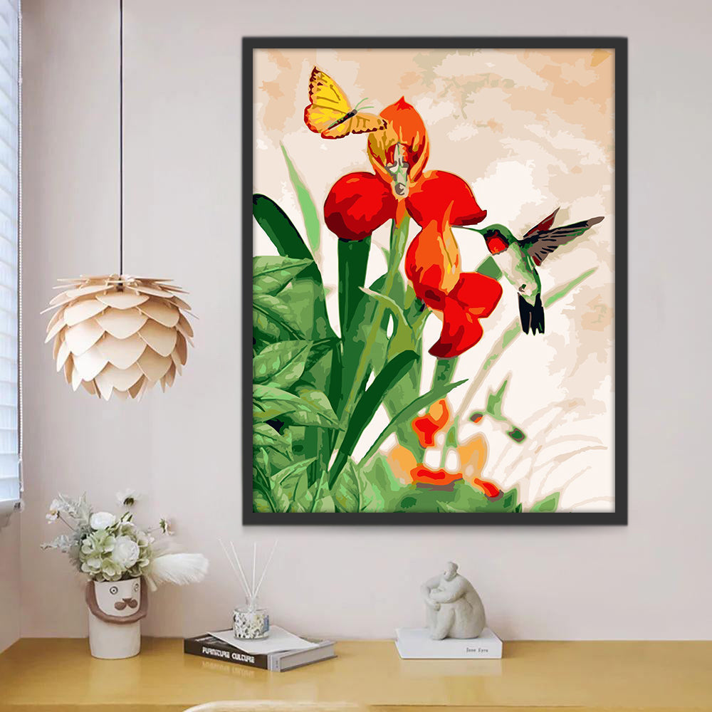 Colibrí y Mariposa y Flores de Tres Pétalos Rojos Pintar por Números