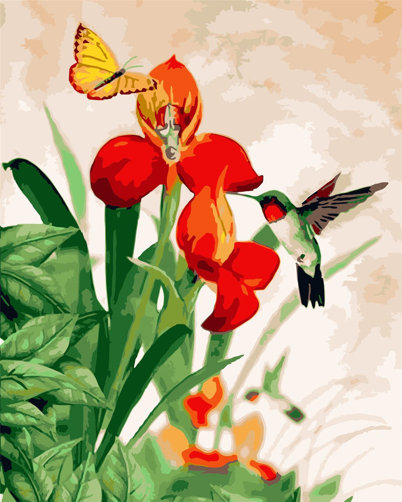 Colibrí y Mariposa y Flores de Tres Pétalos Rojos Pintar por Números