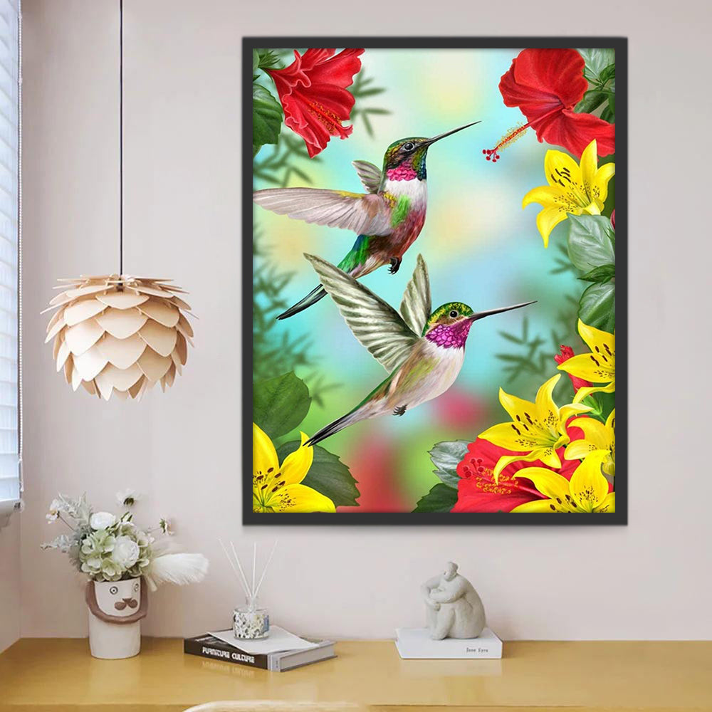 Colibríes y Flores Rojas y Amarillas Pintar por Números