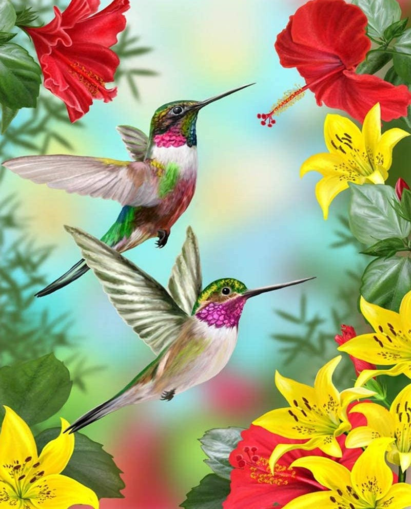 Colibríes y Flores Rojas y Amarillas Pintar por Números