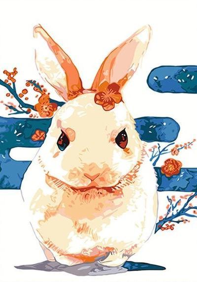 Conejo Blanco y Flores de Ciruelo Pintar por Números