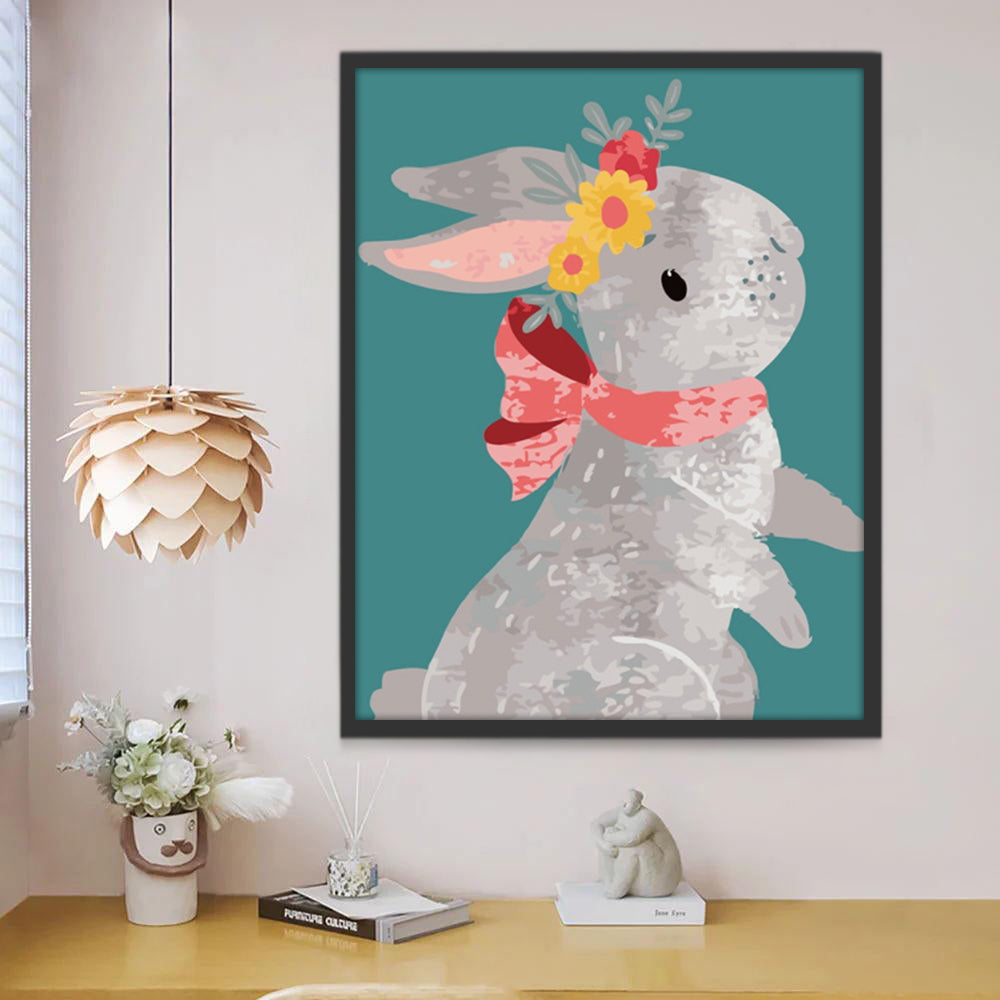 Conejo Gris con Flores y Lazo Rosado de Cinta Pintar por Números