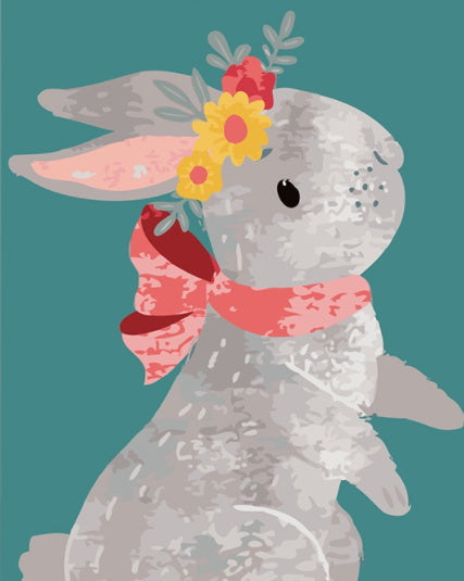 Conejo Gris con Flores y Lazo Rosado de Cinta Pintar por Números