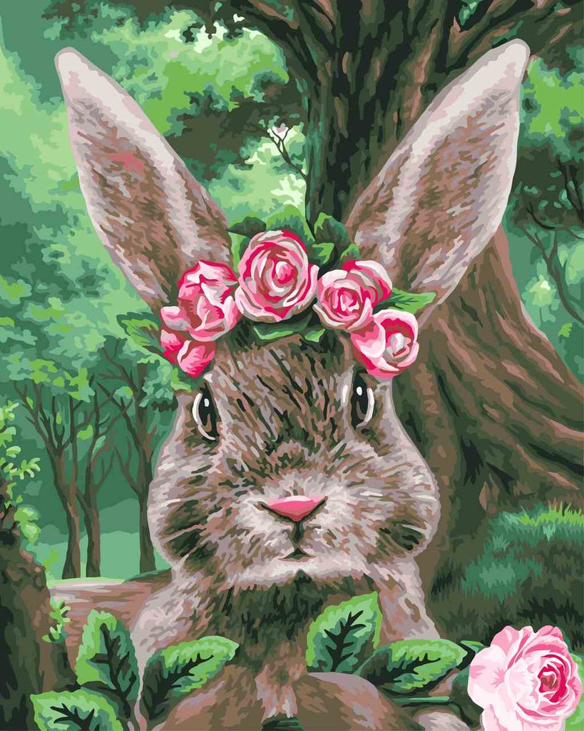 Conejo y Rosas Rojas en el Fondo de Bosque Pintar por Números