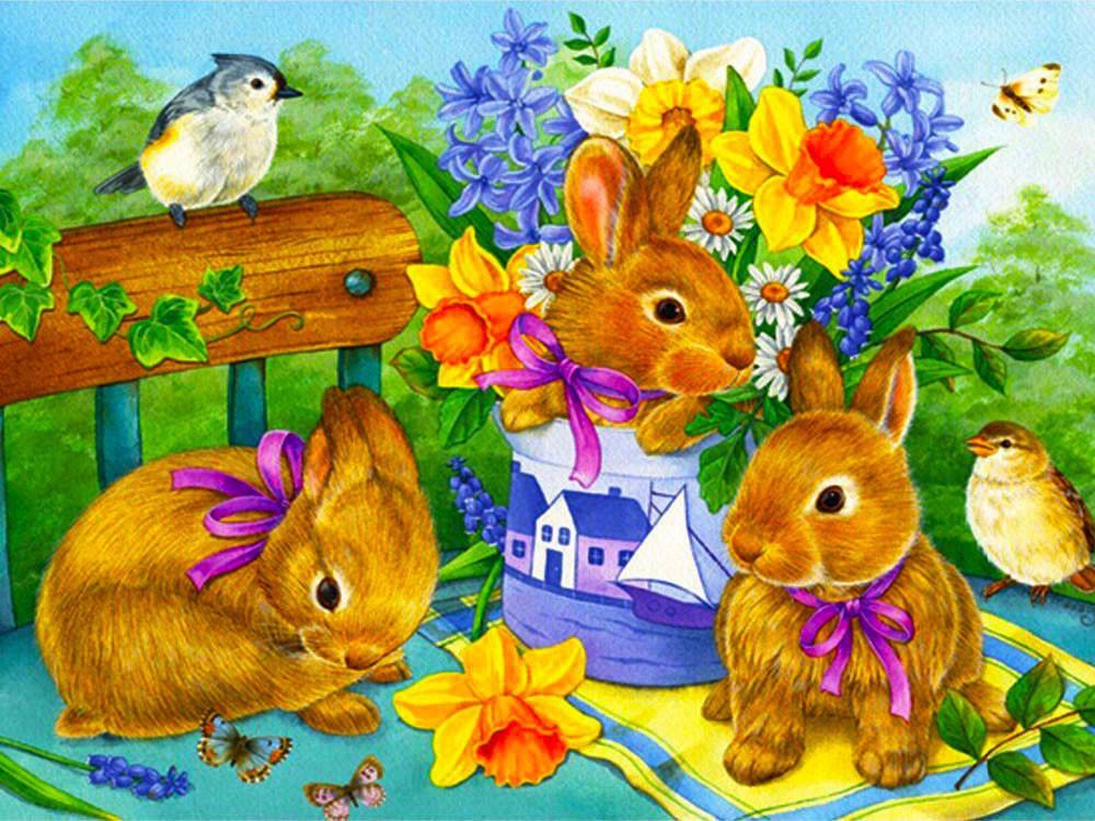 Conejos y Pájaros con Mariposas y Flores Pintar por Números