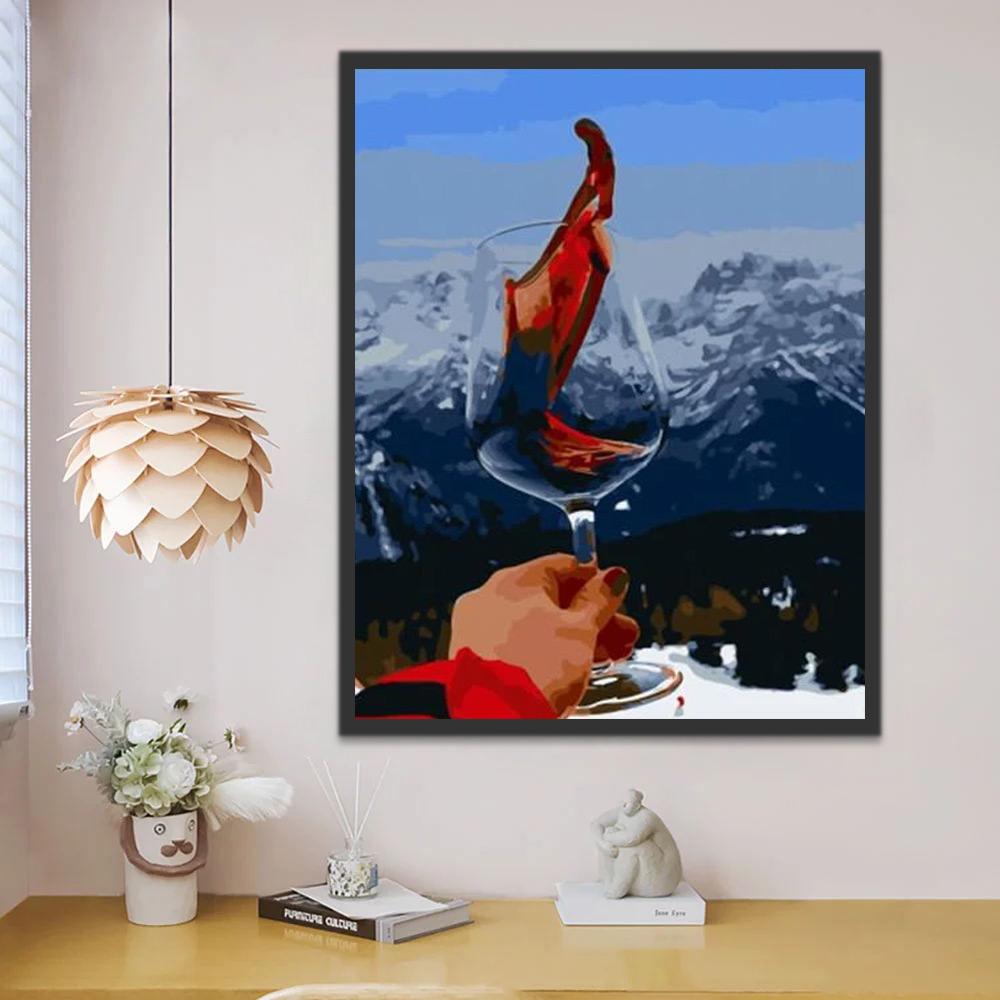 Copa de Vino Tinto y Montañas Nevadas Pintar por Números