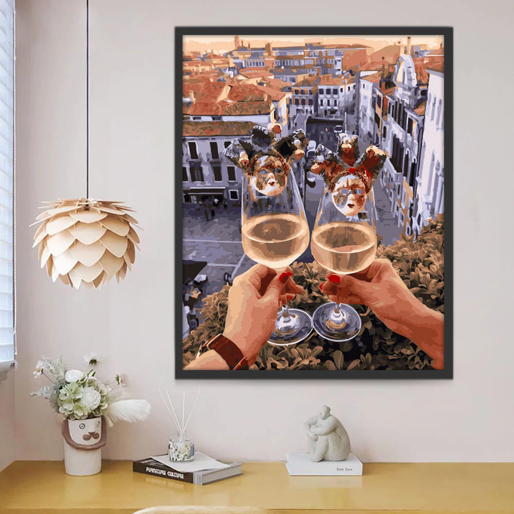 Copas de Vino y Panorama de Ciudad Pintar por Números