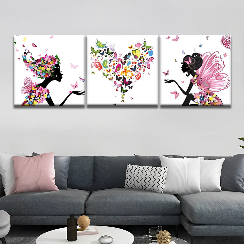 Corazón de Mariposas y Siluetas de Chica y Hada 3 Partes Pintar por Números