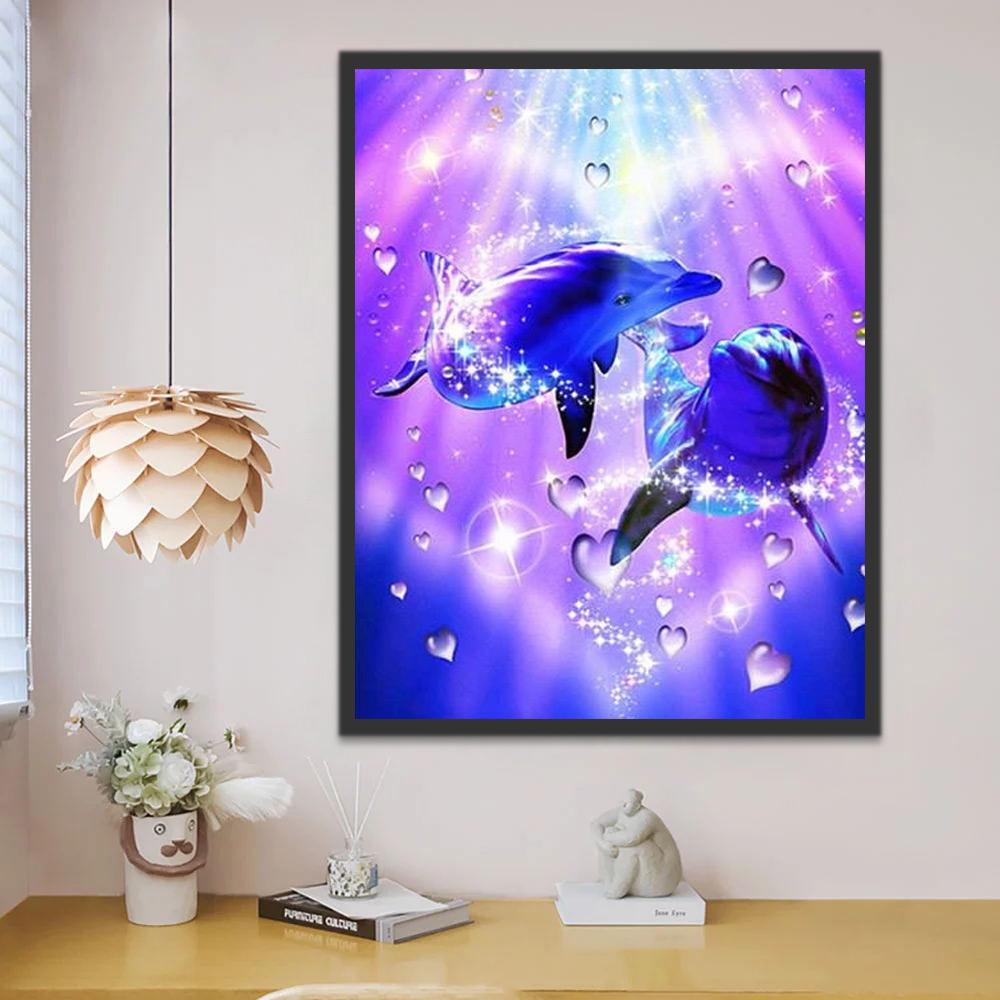 Corazón Morado y Delfines en Amor Pintar por Números