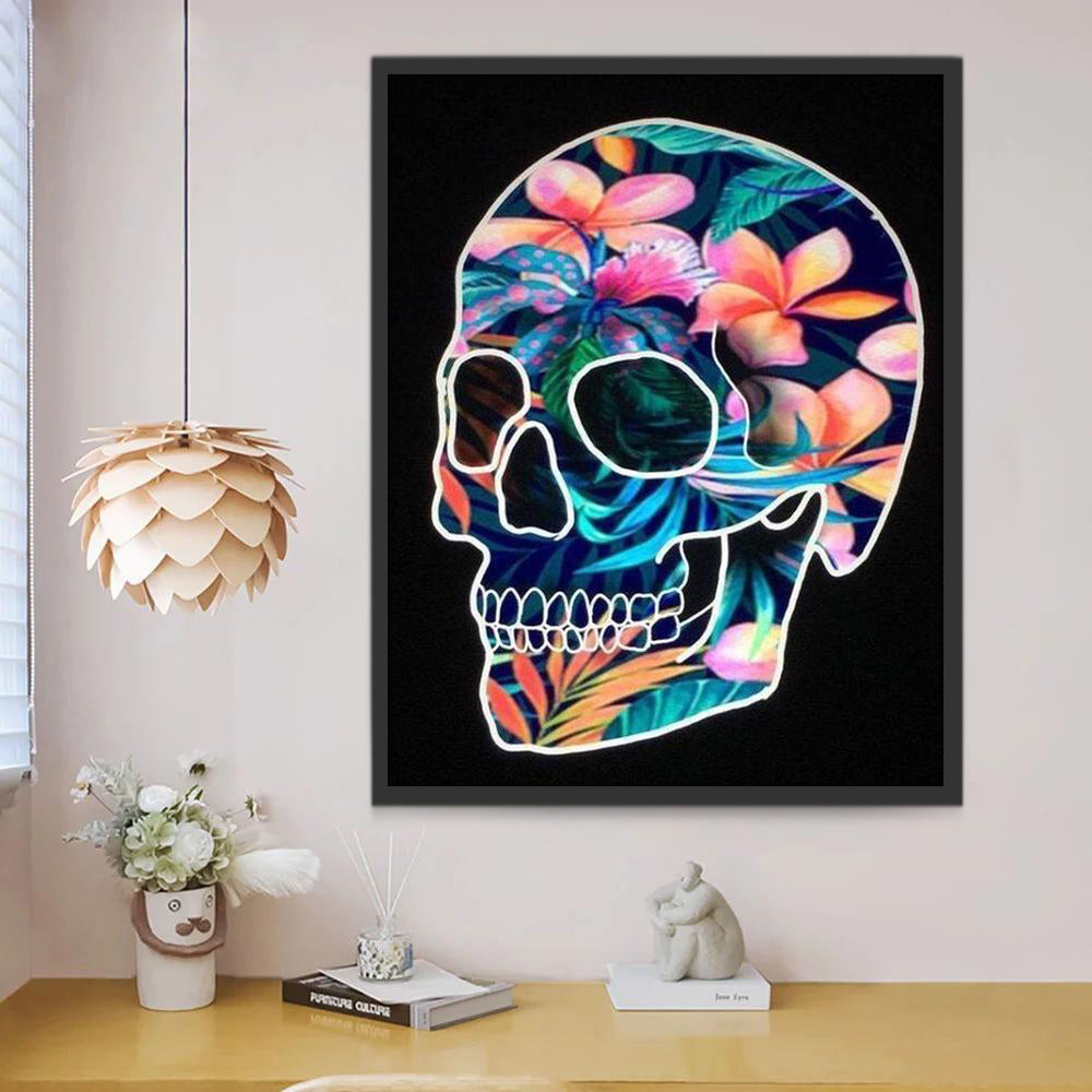 Cráneo de Flor de Plumeria y Hojas Pintar por Números