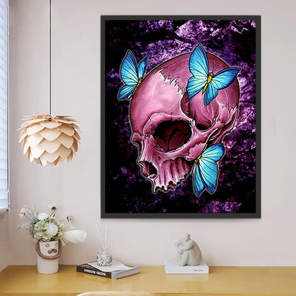 Cráneo Rosado y Mariposas Azules Pintar por Números