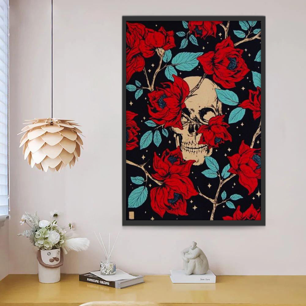Cráneo y Rosas Rojas de Hojas Azules Pintar por Números