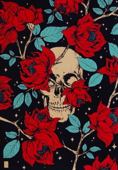 Cráneo y Rosas Rojas de Hojas Azules Pintar por Números
