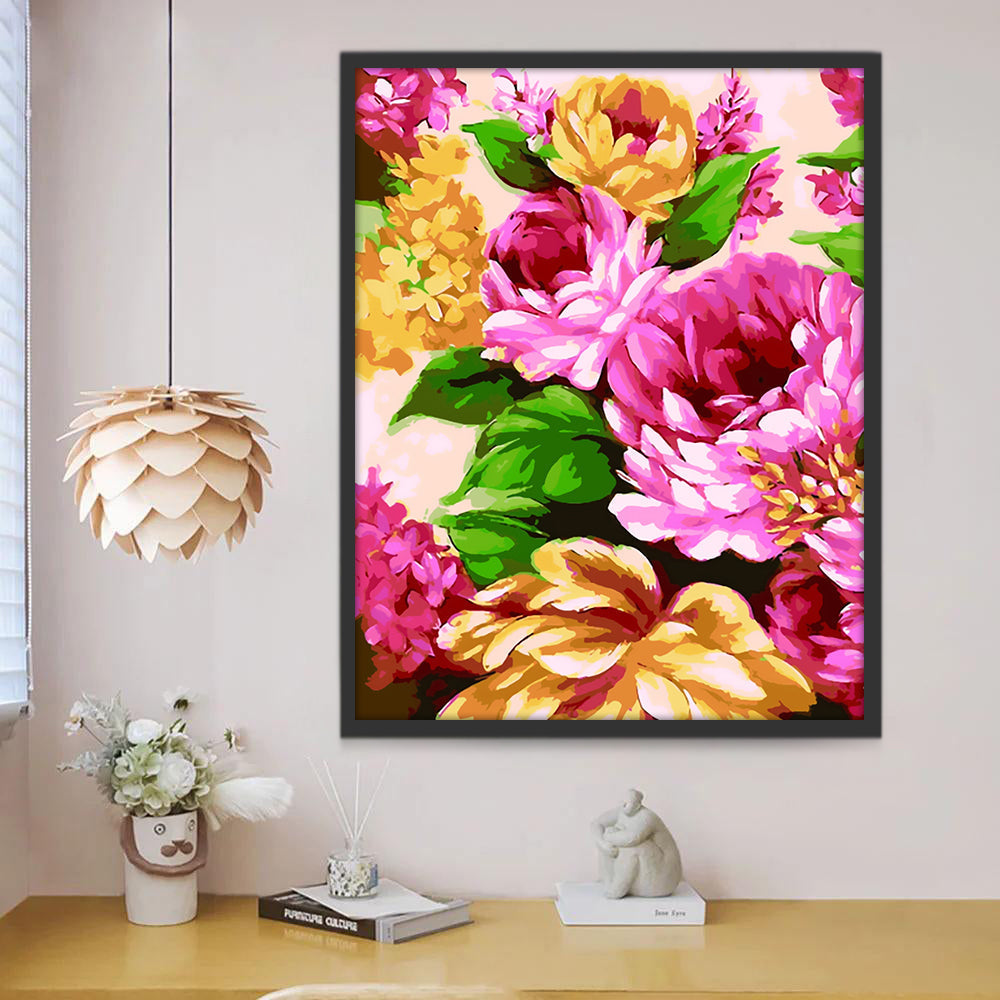 Crisantemos de Color Rosado Brillante y Amarillo Pintar por Números