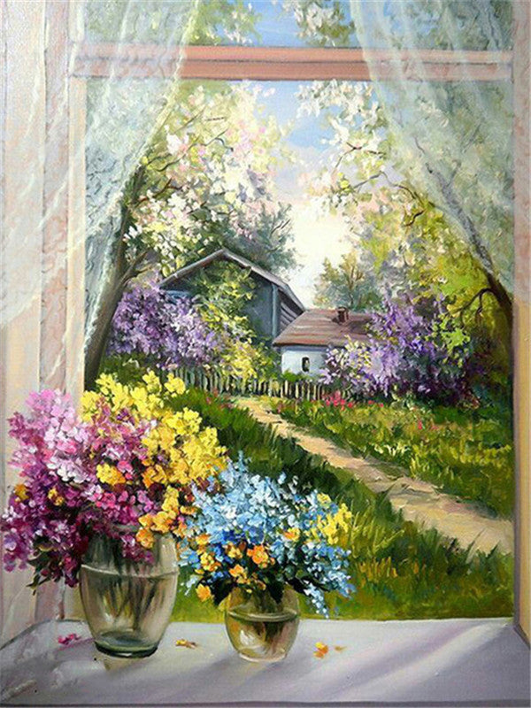Crisantemos en Alféizar y Casa de Bosque Pintar por Números