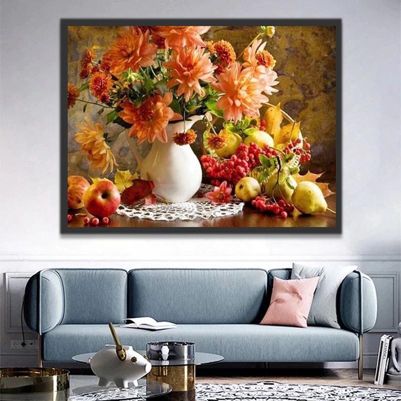 Crisantemos en Florero Blanco sobre Mesa con Frutas Diversas Pintar por Números