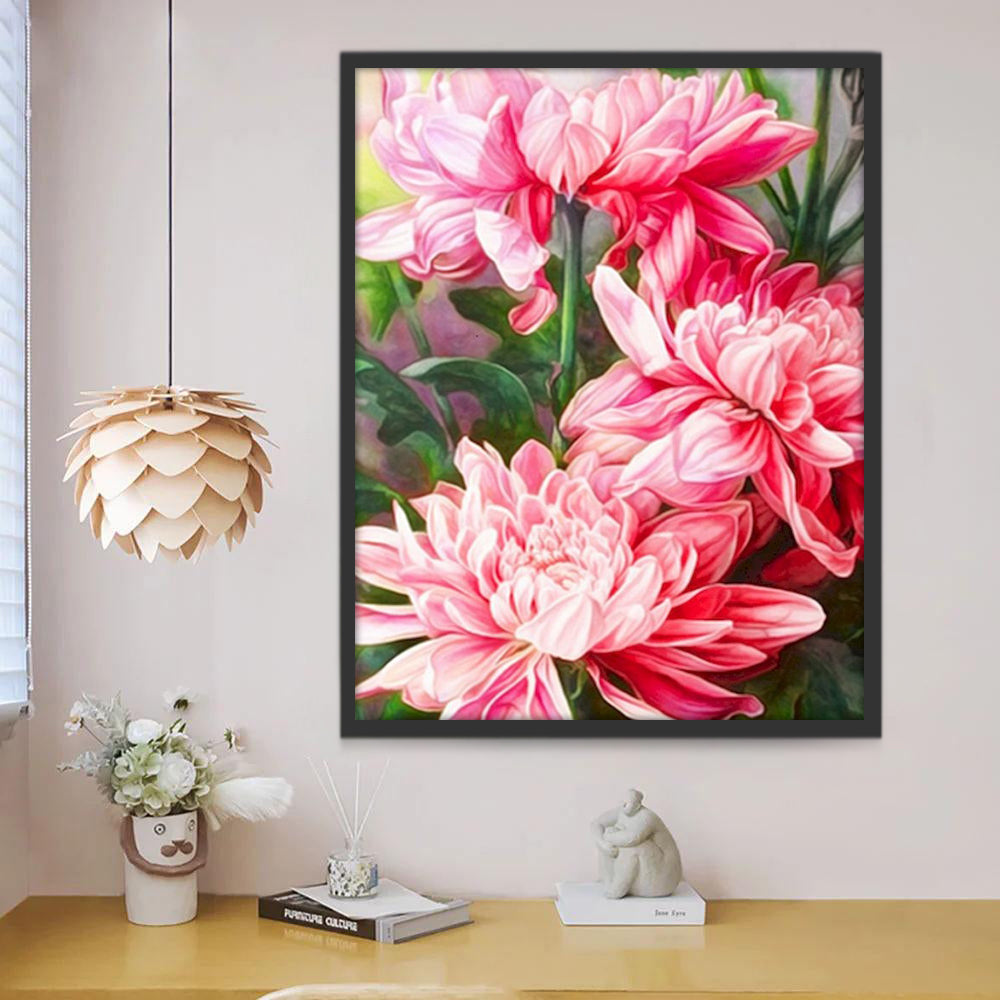 Crisantemos Florecientes Rosados con Hojas Verdes Pintar por Números