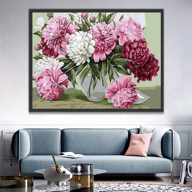 Crisantemos Rosados y Blancos en Jarrón de Cristal Pintar por Números