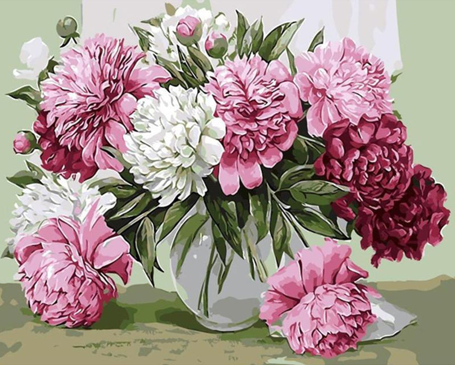 Crisantemos Rosados y Blancos en Jarrón de Cristal Pintar por Números